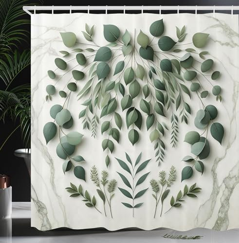 ABAKUHAUS Eukalyptusblätter Duschvorhang, Moderner Trauerkranz Look Zweige auf einfachem Marmor Print, Stoffliches Gewebe Badezimmerdekorationsset mit Haken, 175 x 220 cm, Elfenbein Lorbeergün