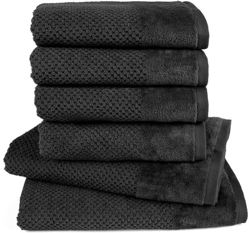 Pure Label 6-TLG. Handtücher Set mit Aufhängeschlaufen aus 100% Baumwolle, saugstark, weich und Oeko-TEX Zertifiziert - 2X Badetuch (70x140 cm) 4X Handtuch (50x100cm), Schwarz
