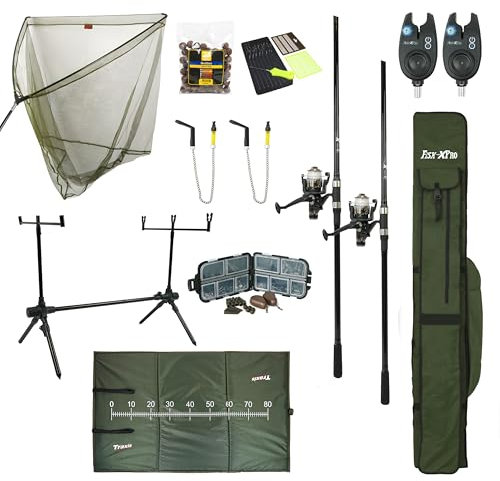 FISH-XPRO Carp Kit Mega - 2 Ruten, Rollen, Bissanzeiger, Schwinger, Rodpod, Tasche und mehr! Erschwinglich und komplett! Mega Carp Fishing Kit - Karpfenangeln war noch nie so einfach!