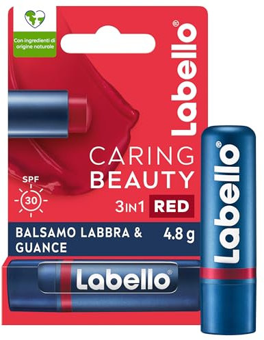 Labello Caring Beauty Lip & Cheek Red 4.8 g, Burrocacao labbra e guance con una nota di colore rosso, Balsamo labbra colorato e blush stick 2 in 1, Lip balm idratante con protezione SPF 30