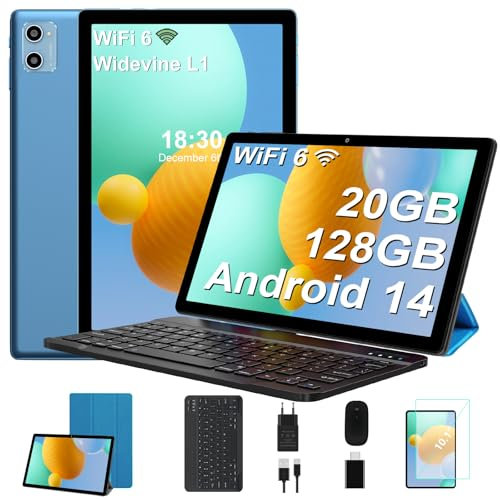 SUAAT Tablet 2025 Tableta 10 Pulgadas Android 14, 20GB RAM+128GB ROM/1TB TF, 8-Core, Widevine L1/WiFi 6/Bluetooth 5.0/6000mAh/GMS Certified/8MP+5MP/Tablet PC con Funda, Teclado y Ratón, Azul