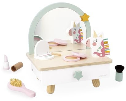 Janod - Friseurstuhl aus Holz für Kinder auf einem Tisch - Schublade, Spiegel und 7 Accessoires - Thema Einhorn - Höhe 33cm - Make-up-Attrappe - Ab 3 Jahre - J06463, Minzgrün