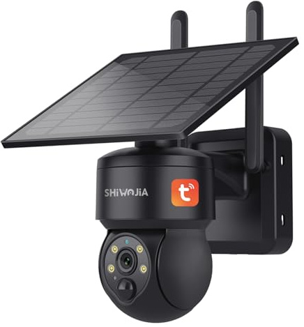 SHIWOJIA Cámara Solar Exterior WiFi Inalámbrica, Tuya Exterior, 2K Smart Life, PTZ 360°, Visión Nocturna a Color, Audio Bidireccional, Sirena PIR (Negro)