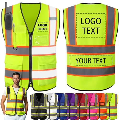 Morlavid Warnweste Sicherheitsweste Personalisierte mit Logo Text Sichtbarkeit Zweifarbig Anpassbar für die Arbeit,FluorescentGreen