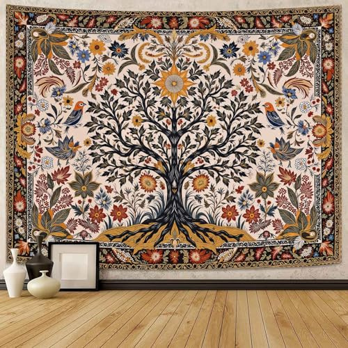 Lunerfex Folk Art Wall Tapestry - Tree of Life with Sun and Bird Wall Hanging for Bedroom and Living Room - Boho Floral Tapestries 60x44