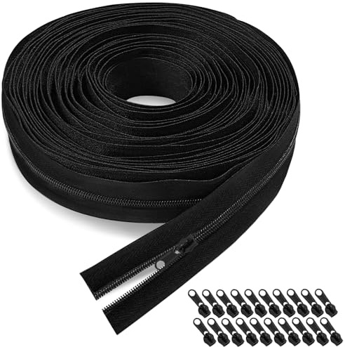 Cremallera Sin Fin 10m,3mm - Cinta de Nylon con 20 Curseres Metálicos - Para Costura,Reparaciones,Bricolaje (Negro)