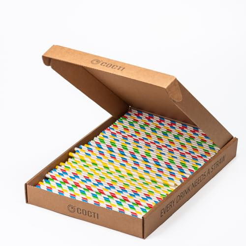 Cocti papperssugrör – otroligt hållbara sugrör! 100 % biologiskt nedbrytbar, utan irriterande papperssmak, lämplig för kalla drycker – 200 mm x 6 mm, randig, 300 st.