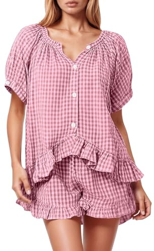 Générique Set casual da donna a due pezzi, a quadretti, maniche corte, con volant e pantaloni da città, rosso, S