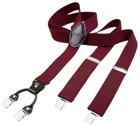DonDon Bretelle da uomo eleganti extra forti 3,5 cm con 4 clip e toppa in pelle marrone rosso bordeaux