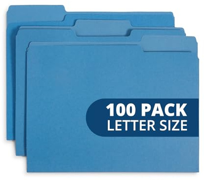 File Folder, 1/3 Cut Tab, Letter Size, Blue, Great for Organizing and Easy File Storage, 100 Per Box