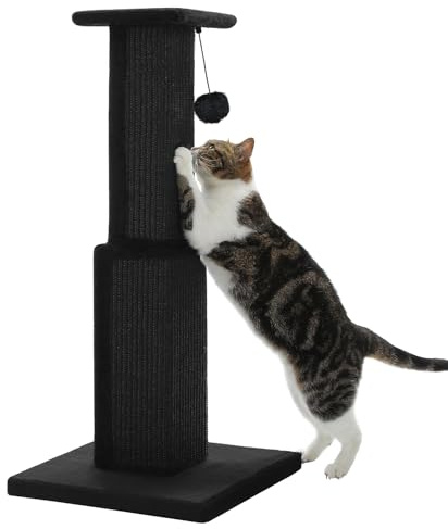 PAWZ Road Large Cat Scratching Post 32” Tall Black Scratching Post for Indoor Cats Adults Ultimate Scratch Post with Woven Sisal, Large Base and Removable Dangling Ball- Black
