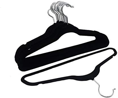 Matec 20 Stück Schwarze Samt Kleiderbügel rutschfest 45 cm breit schmal robust gut belastbar 360° drehbarer Haken für Mäntel Hemden und Anzüge