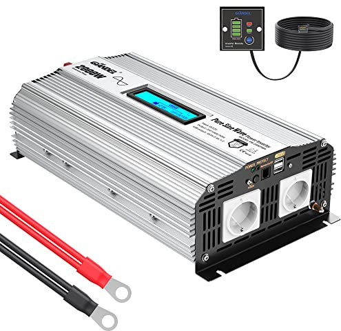 Giandel Inversor de Corriente 2000W Onda Sinusoidal Pura Compatible con LiFePO4 Convertidor 12V 220V 230V con Pantalla LCD y Mando a Distancia & 2 Puertos USB para Coche camión Autocaravana