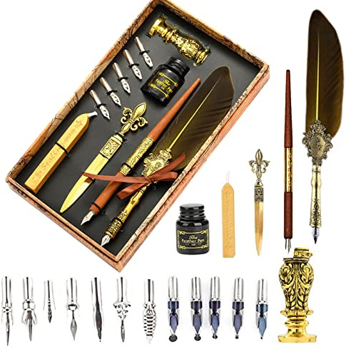 Joyeee Juego de bolígrafos y tinta de plumas reales, incluye kit de sellos de cera de sellado, bolígrafos de caligrafía de madera, 17 puntas de repuesto, palo de sello de cera, amarillo oscuro