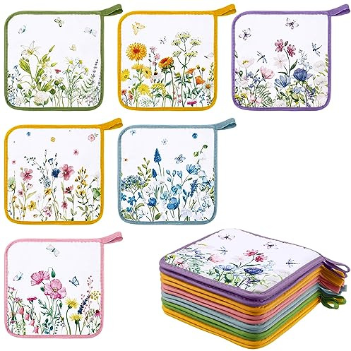 Bencailor 12 Pcs Pot Holders with Pocket Kitchen Hot Potholders Hot Pad Oven Mitts Cookie Bag Oven Gloves for Kitchen Gift Baking Cooking(Watercolor,Floral)