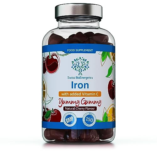 Iron Gummies with Added Vitamin C - 150 Natural Cherry Flavour Chewable Yummy Gummies - 5 Month Supply - efficient Absorption and gentler Digestion Formula - Made in The UK