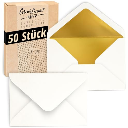 Japun – Briefumschläge (50 Stück), Kuvert, Umschlag ohne Fenster - DIN C6-162 x 114 mm - innen: Gold - Papier-Farbe: weiß