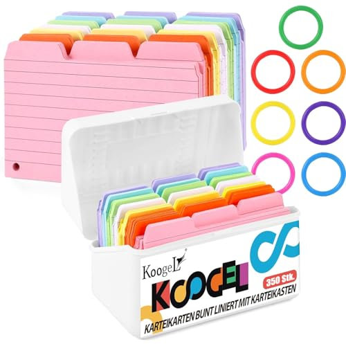 Koogel 350 Stücke Karteikarten Bunt Liniert, Karteikasten Weiß Lernkarteibox Ringen Karteikarten Box für Unterwegs Lernen Notizen Schulsachen Büro Zuhause