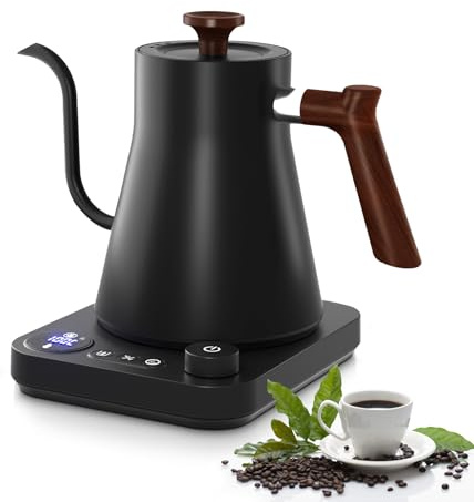 Pilipane Electric Kettle Gooseneck with Wooden Handle, Stainless Steel Water Boiler with Temperature Display, Pour Over Kettle for Coffee and Tea, Keep Warm Function, 1L
