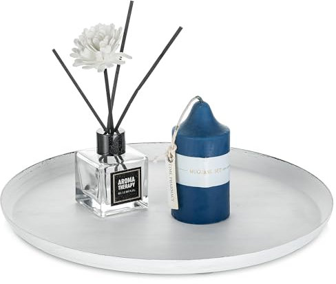 Sziqiqi Round Decorative Tray Metal: White Candle Plate for Coffee Table Centrepiece - Modern Display Stand Pillar Candle Holder Serving Tray for Living Room Dining Kitchen Counter Bathroom Home Decor