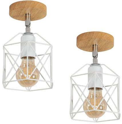Toolight 2 Piezas Lámparas de Techo Vintage, Industrial LámparaTecho Colgante Salon de Madera E27 Luz Iluminación de Techo Metal Diseño de Jaula para Pasillo Dormitorio Cocina, Blanco, 14CM
