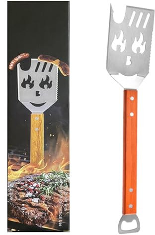 Biglumin Accessoires Barbecue - Spatule Gril 7 en 1 pour BBQ, ustensiles Barbecue INOX avec Manche en Bois, Outils de Barbecue Uniques et créatifs, Couteau et Fourchette, scie, décapsuleur.