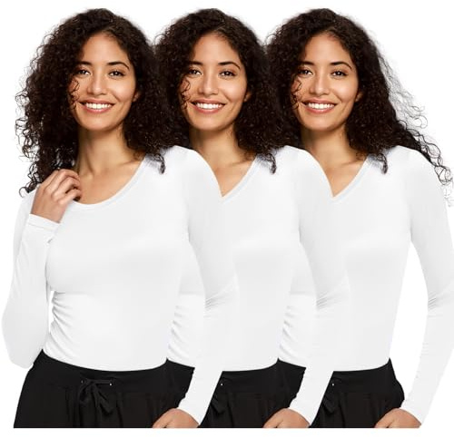 COZYFIT 3 Pack Underscrub Long Sleeve Women - Undershirts for Women Soft Fabric, White, M