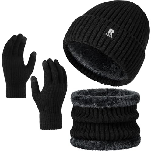 Trifabricy Warm Knit Hat Scarf Gloves Set with Fleece Lining for Men Women