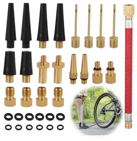 Riybyds 33 Piezas Juego de Adaptador de Válvula de Bicicleta, Adaptadores para Bomba de Bicicleta, Incluye Tubo de Inflado, Agujas para Balones, Adaptadores DV SV AV, Kit Adaptador Bicicleta