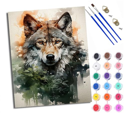 Dipingi con i numeri per adulti e principianti Inchiostro e lavaggio testa di lupo Kit per pittura con i numeri su tela senza cornice Pittura a olio fai da te Colori acrilici Decorazione murale per la