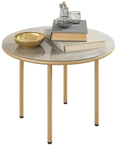 Outsunny Round Coffee Table with Tempered Glass Faux Marble Top Beige | Modern End Side Table, Steel Frame, for Living Room, Office, Bedroom