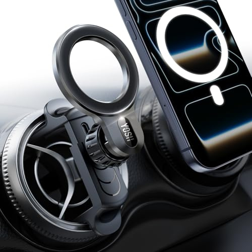 YOSH Mercedes telefonhållare, för Magsafe bilfäste för Mercedes Benz A/C klass A180/200, C180/200/260/300, GLB/GLC, Audi A1, magnetisk hållare fjäderklämma för rund luftventil, för iPhone och alla