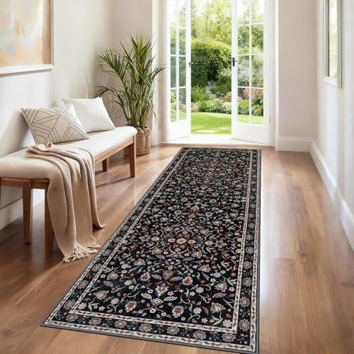 IMIYOKU Hallway Runner Rug Washable Floral Printed Carpet Runners for Hallways 65x240cm Non Slip Long Runner Floor Mat for Entryway Kitchen Bedroom Lounge Laundry Black