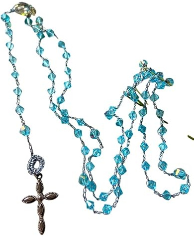 Collana Rosario artigianale fatta a mano, lavorata a mano all'uncinetto con filato prezioso Lurex e cristalli taglio a rombo e croce vintage - Idea regalo elegante donna. Pezzo unico. (Azzurro)