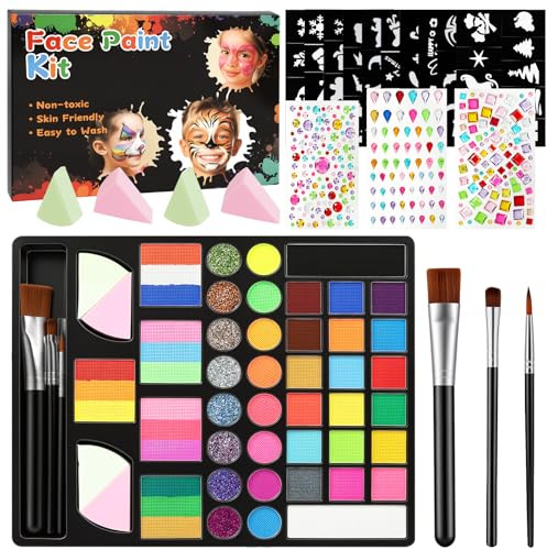 AYBUY Barnsminkset, 43 färger, ansiktsfärger, barnsmink, set med 8 glitter, 87 stenciler, 3 ark diamantklistermärken, 2 borstar för halloween, karneval, jul, teatersmink, kroppsmålning