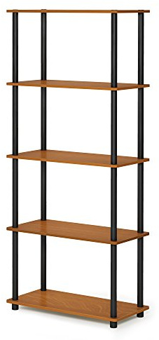 Furinno TURN-N-TUBE Storage Shelves, 5-Tier Book Shelf, Corner Shelf, Toolless Open Shelves, for Organization and Storage, Living Room, Garage, Home Office, Light Cherry