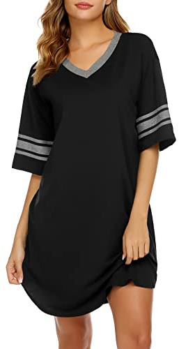 Ekouaer Nightgowns for Women Cotton Night Gown Short Sleeve Sleepwear V Neck Color Block Sleep Shirts Ladies Night Shirts Black L