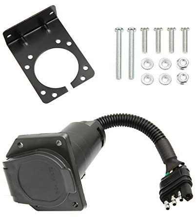 MITZONE 4-Way Flat to 7-Way Round Blade Trailer Light Adapter Wiring Reverse Plug Connector with Mounting Bracket & Screws Nuts for Truck RV Side to Trailer Side Towing Solutions