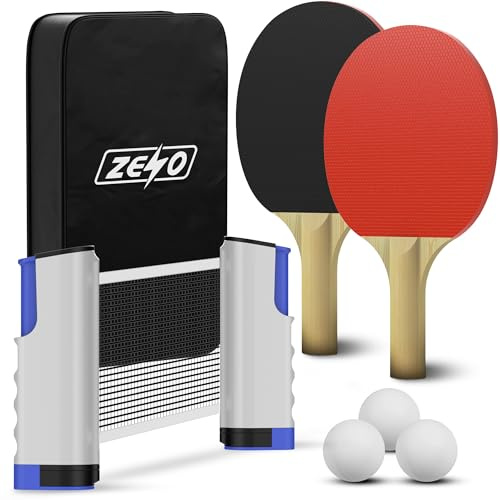 ZENO Portable Table Tennis Set | Ping Pong Set | 2 Premium Table Tennis Bats, All-in-One Kit with Retractable Table Tennis Net, 3 Ping Pong Balls & Storage Case | Great Gift Idea | Indoor/Outdoor Game