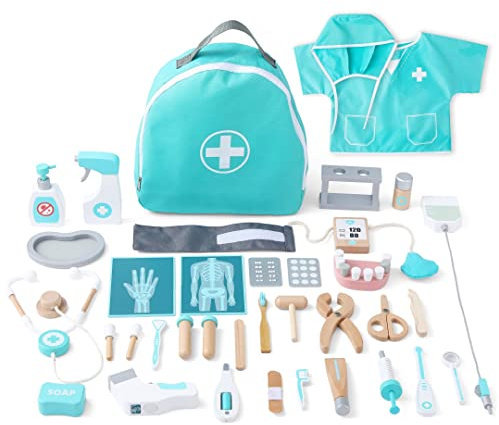 UMU® Deluxe Wooden Doctor Kit for Kids – 36-Piece Pretend Play Set with Stethoscope, Doctor Coat, Dentist Tools & More – Medical Role Play Toy for Children Aged 3 4 5