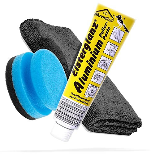detailmate Politur Bundle mit 150ml XXL Tube | Elsterglanz Aluminium Polierpaste + detailmate Premium Microfasertuch + Schwamm | Reinigt, poliert und konserviert Aluminium-Oberflächen