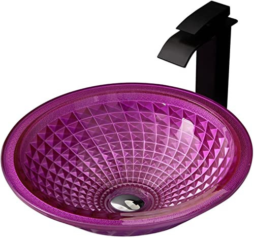 Countertop Sink Vanity Round Hand Wash Basin Washplace 12MM Thick Countertop Sink Wash Bowl with Waterfall Faucet, Pop Up Drain,Champagne (Color : Pink Rosa)