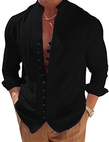 NIBESSER Camicia Lino Uomo Manica Lunga Camicia Uomo Elegante Estiva Camicia Casual Coreana Uomo con Bottoni Tinta Unita Traspirante per Mare Spiaggia Vacanza, Nero, M