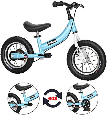 Qiani Fahrrad ohne Pedale und Kinderfahrräder 2 in 1, für 2 bis 7 Jahre Kinder, mit Bremse, abnehmbar Pedale und Hilfsräder, 12 14 bis 16 Zoll, Rot Blau Rosa (14 Zoll, Blau)