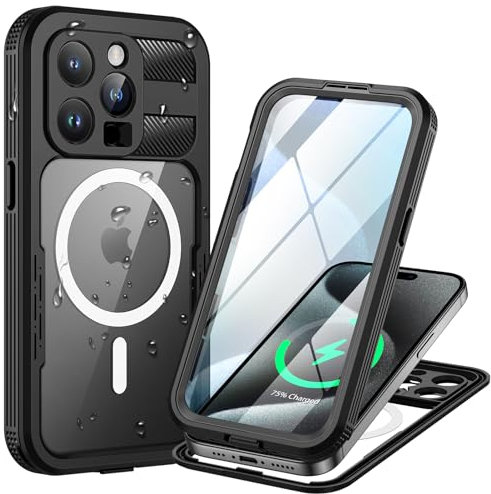 Lanhiem für iPhone 15 Pro Max Hülle Wasserdicht,Handyhülle für iPhone 15 Pro Max Wasserfest Schutzhülle mit Magsafe,360 Outdoor Case Stoßfest Staubdicht Panzerhülle mit Displayschutz,Schwarz