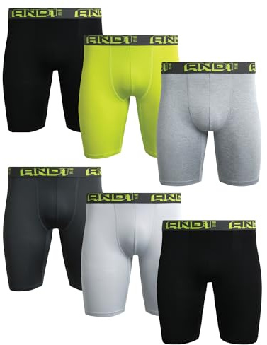 AND1 Mens Boxer Briefs - 6 Pack Platinum Performance Long Leg Boxer Briefs with Pouch - Boxers for Men, 9 Inseam (S-3XL), Size Medium, Black/Green/Light Grey/Dark Grey/Grey Heather