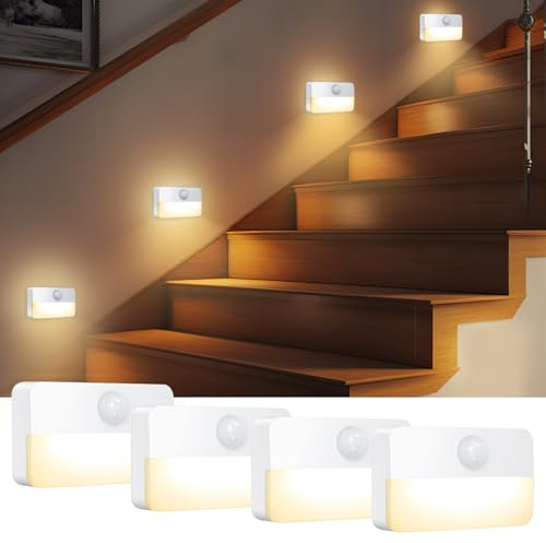 Ankilo LED-rörelsesensorljus, nattlampa med rörelsesensor, 4 st. skåpsbelysning med självhäftande, automatisk PÅ/AV-sensorljus för hall, badrum, sovrum, orienteringsljus, varmvitt