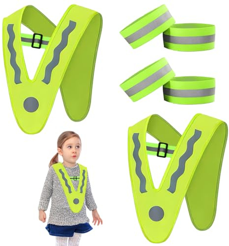 Suchoow 2 Piece Safety Vest for Kids, Fluorescent Yellow Reflective Vest with 4 Reflective Armbands, V-Shape Warning Vest with Adjustable Strap for Children 2-12
