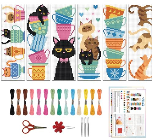 ORIGACH Kit di 6 segnalibri a punto croce, per principianti, con gatto, tazza da tè fai da te, kit per ricamo stampato per principianti, kit per punto croce con istruzioni per gli amanti dei libri, 20