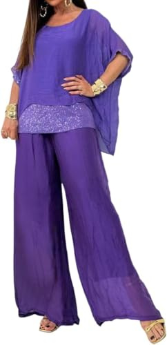Mujeres Elegante Vintage Liso Dos Piezas Top de Gasa y Pantalones de Cintura Alta Conjunto Tul Vestido de Noche Vestido de celebración Fiesta Traje de Vacaciones (Púrpura,L)